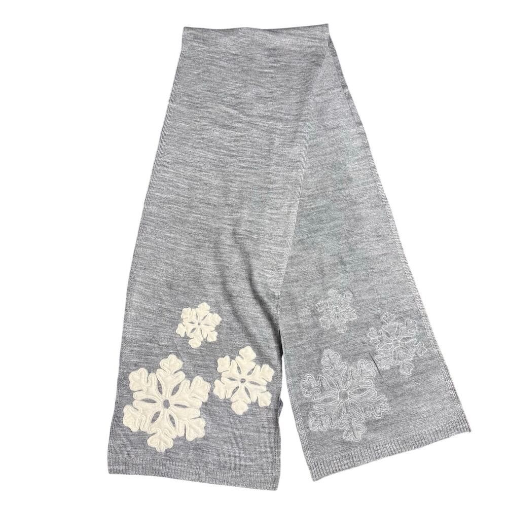 NWT NEW J. JILL Gray Heather Acrylic Knit Wool Felt Snowflakes Winter Long Scarf